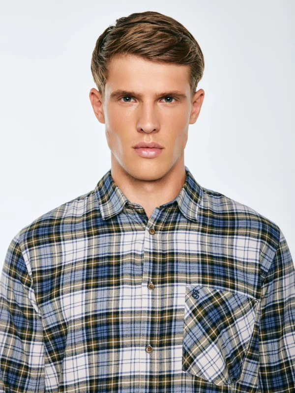 Koszula męska flanelowa w kratę niebiesko-beżowa Koner 401