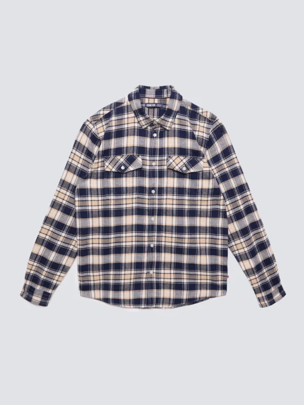 Koszula męska flanelowa w kratę beżowo-granatowa Kolisero 801