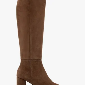 Brązowe kozaki ze skóry welurowej na słupkowym obcasie