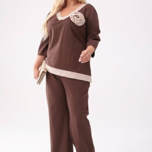 Elegancki komplet Adriana w odcieniach brązu - bluzka + długie spodnie PLUS SIZE XXL OVERSIZE JESIEŃ