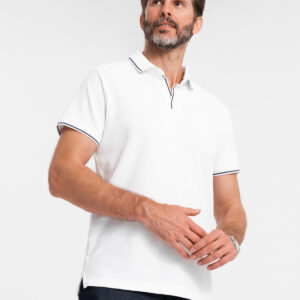 Koszulka męska polo z dzianiny pique bez guzików - biała V1