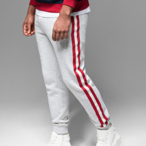 Męskie spodnie dresowe z lampasami i ściągaczami na nogawkach – szary melanż V1