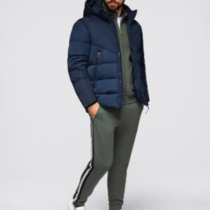 Męska kurtka z asymetrycznym pikowaniem i kapturem - granatowa V4