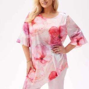 Elegancka tunika Liliana z asymetrycznym krojem w kwiaty w odcieniach bieli i różu PLUS