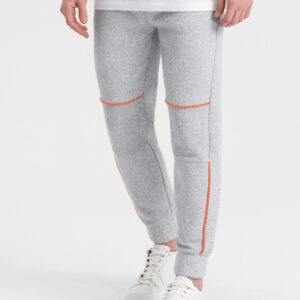 Spodnie męskie dresowe z kontrastowymi przeszyciami - szary melanż V3