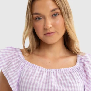 Bluzka dziewczęca ze strukturalnej tkaniny w kratkę fioletowa Kinga 500