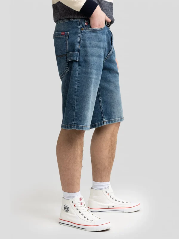 e0f7cefd32cbf2a567e6fe8ff05f85d585fa681b Szorty męskie jeansowe z przetarciami niebieskie Aleksy Workwear 422