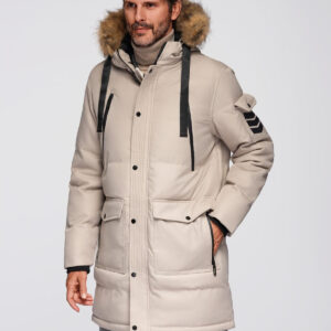 Długa ciepła męska kurtka typu parka z kapturem – beżowa V5