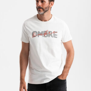 Bawełniany męski t-shirt z podwójnym printowanym logotypem – biały V1