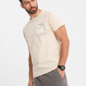 Męski bawełniany t-shirt z printowaną kieszonką – kremowy V2