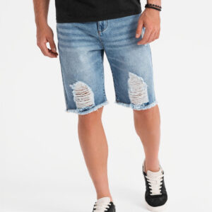 e9c45144f09a81f7f62ce34c1a72a6cd4c105a06 Krótkie męskie spodenki jeansowe z przetarciami i dziurami – jasnoniebieskie V2