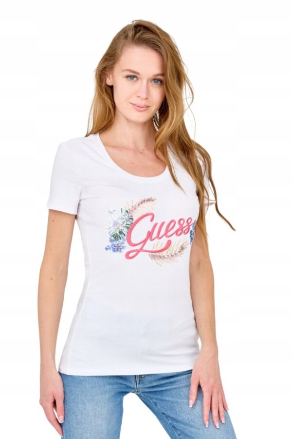 GUESS Damski biały t-shirt ze zdobionym logo