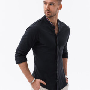 Bawełniana koszula męska SLIM FIT ze stójką w kolorowe paski – czarna V4