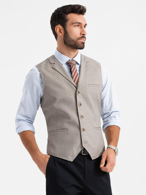 Kamizelka męska garniturowa z kołnierzem - beżowa V3