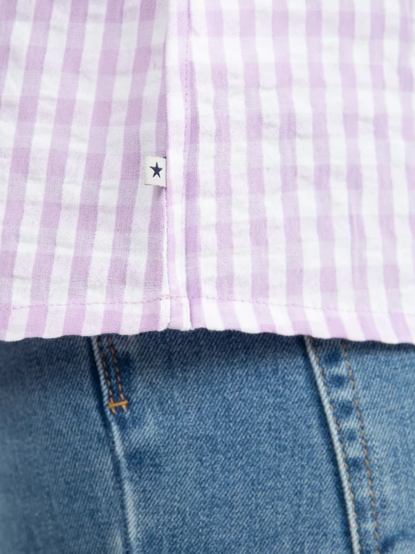 Bluzka dziewczęca ze strukturalnej tkaniny w kratkę fioletowa Kinga 500