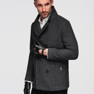 Krótki dwurzędowy męski płaszcz z wełną – grafitowy V1