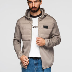 Męska lekka kurtka z łączonych materiałów z kapturem i ozdobnym pikowaniem – popielata V3