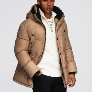 Długa męska kurtka puffer z zapinanymi kieszeniami – brązowa V2