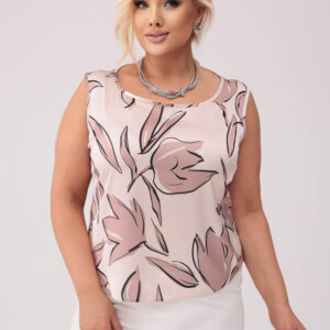 Beżowy satynowy top Sophia z motywem kwiatów PLUS SIZE XXL OVERSIZE WIOSNA