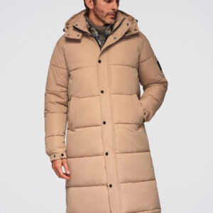 Pikowana długa kurtka męska z odpinanym kapturem – beżowa V2