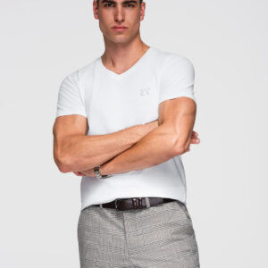 Męski t-shirt V-neck SLIM FIT z elastanem i printem – biały V2