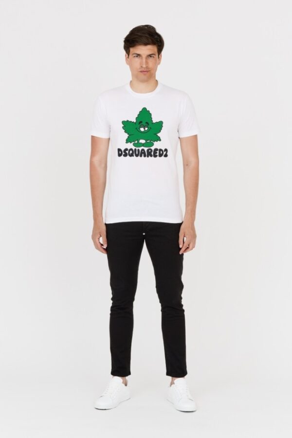 DSQUARED2 Męski biały t-shirt z zielonym liściem