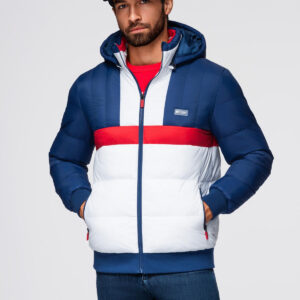 Kolorowa sportowa męska kurtka w stylu retro – niebiesko-biała V1