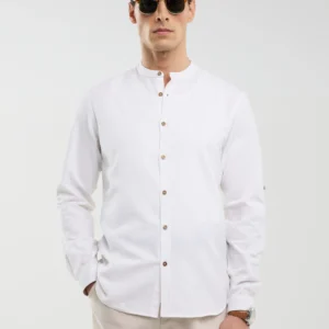 Lniana koszula męska na stójce biała Janew 101