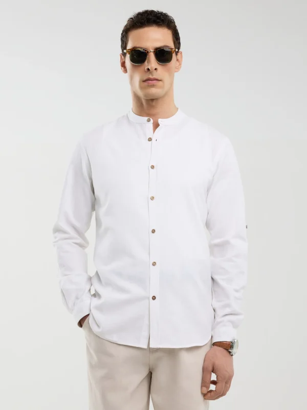 Lniana koszula męska na stójce biała Janew 101