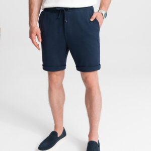 Dzianinowe szorty męskie z podwiniętymi nogawkami - granatowe V1