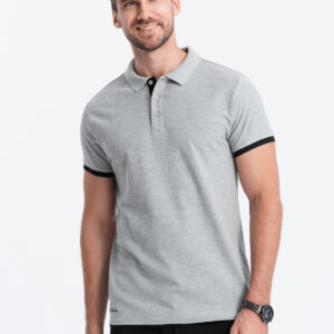 Bawełniana koszulka męska polo z kontrastowymi wykończeniami – szary melanż V7