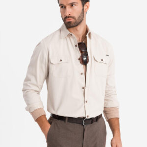 Męska bawełniana koszula REGULAR FIT z kieszeniami zapinanymi na guziki - kremowa V1