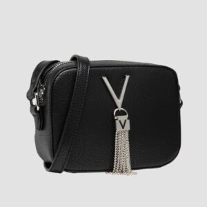VALENTINO Mała czarna torebka o teksturze skóry z ozdobnym V divina haversack