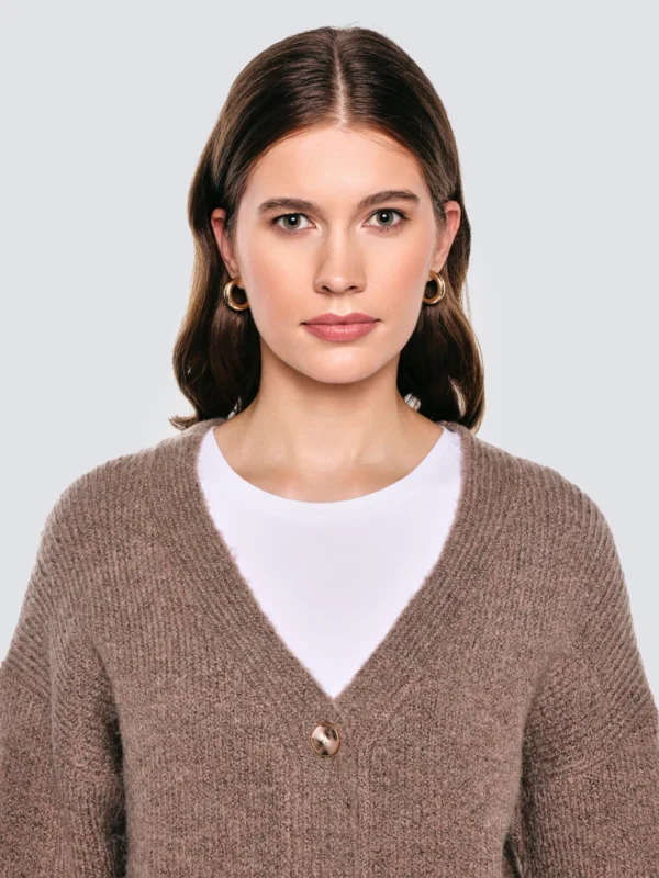 Kardigan damski z dodatkiem wełny brązowy Kardila 804