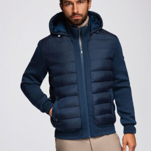 Pikowana kurtka bomberka z kapturem i dzianinowymi rękawami – granatowa V2