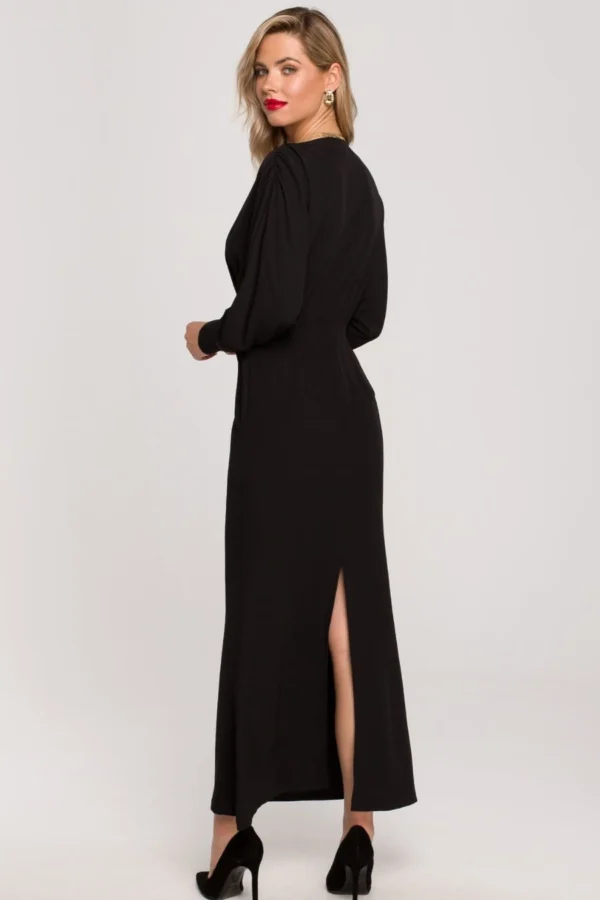 Długa wieczorowa sukienka rybka z bufiastymi rękawami czarna