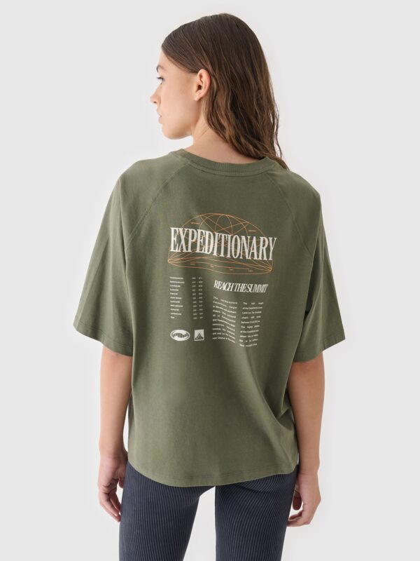 4F T-shirt oversize z nadrukiem damski - oliwkowy/khaki