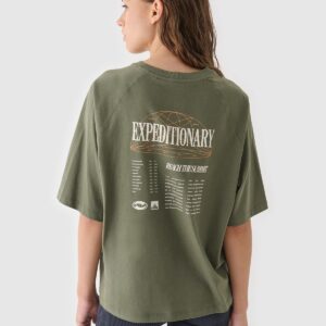 4F T-shirt oversize z nadrukiem damski - oliwkowy/khaki