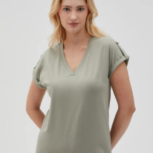 04b936b82ca6bb356decc104702f5837613833e8 Gładki t-shirt z dekoltem w serek oliwkowy