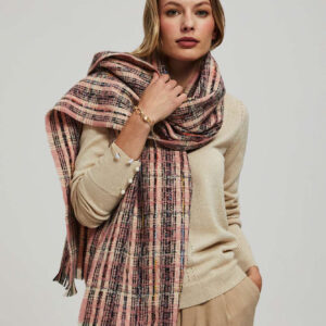 Szalik w kratę z metaliczną nitką różowy