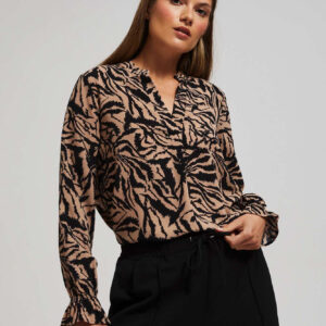 Wzorzysta koszula z dekoltem w serek ciemnobeżowa