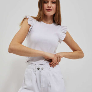 Gładka dopasowana bluzka z falbaną na ramionach biała