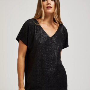 1100dc15cb014414876c0d52f9be2c819904237b Elegancka bluzka z dekoltem w serek z błyszczącego materiału czarna