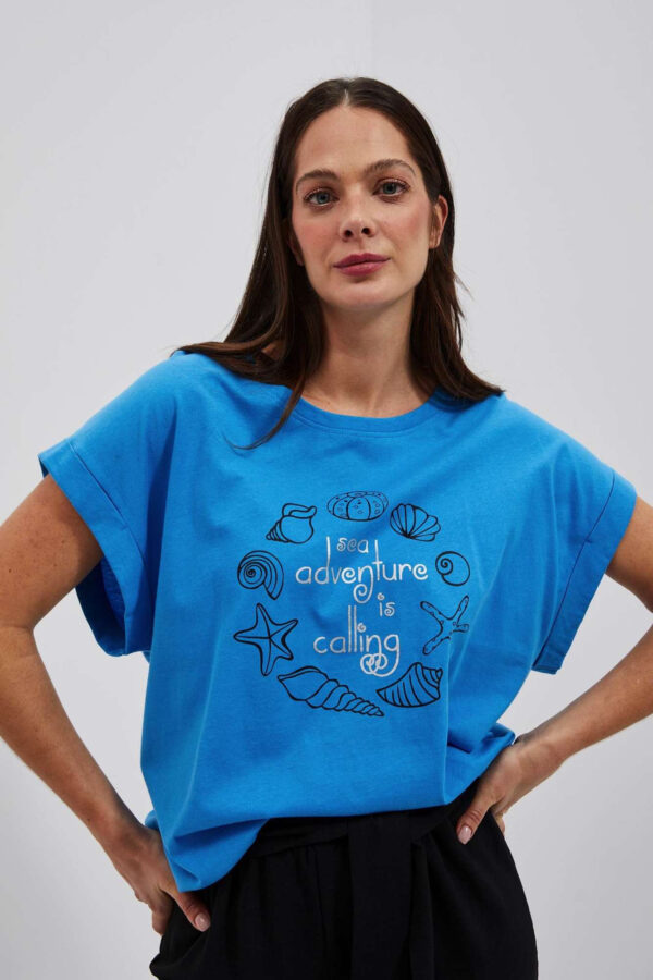 166fd0e037d40744ca1a91e8af8844730cc3f68f Bawełniany t-shirt z nadrukiem lazurowy