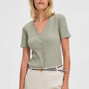 Bluzka z koronkowym dekoltem oliwkowa