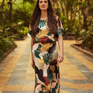 Wzorzysta sukienka maxi ciemnobeżowa