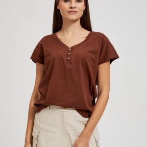 Bluzka z guzikami na dekolcie brązowa