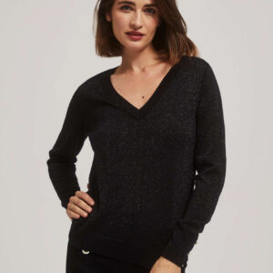 1c32a18a04f85d5e0e397dbc1a9678b117c766fc Sweter z metaliczną nitką i dekoltem w serek czarny