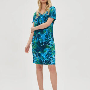 1e8e610050b77522e54b6e66ae9cae98a28182da Sukienka z tropikalnym printem niebieska