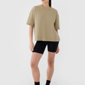 20de6cb50b068eea33f7b41af60f386e086697ea 4F T-shirt regular z waflowej dzianiny damski - beżowy